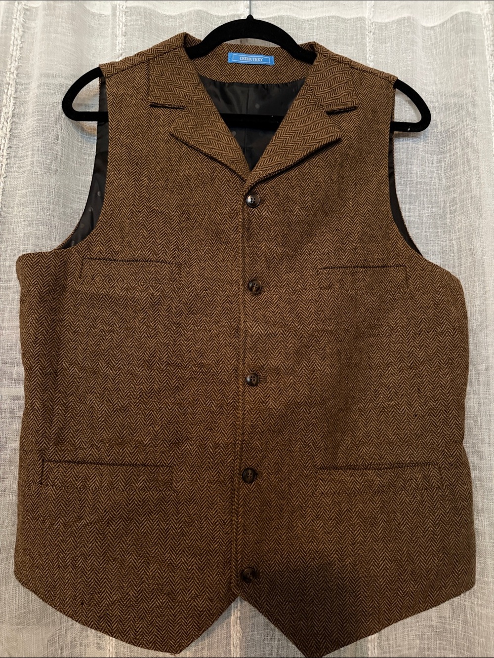 Wool Blend & Tweed Brown Herringbone Vest men’s medium lined Vintage Waistcoat